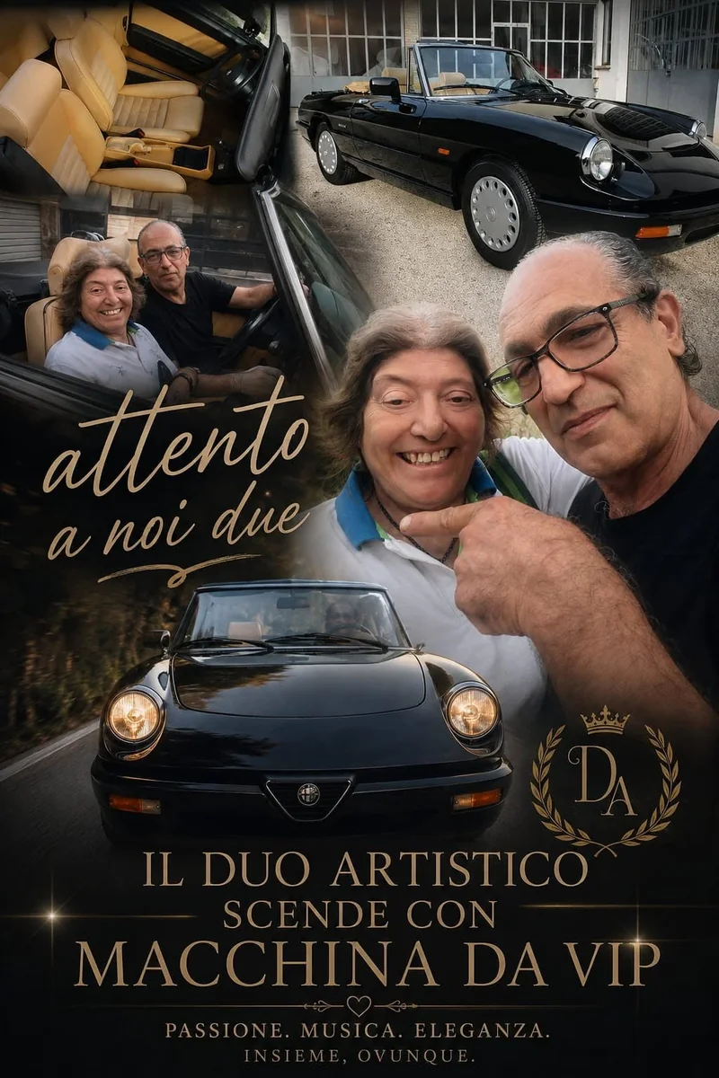 Composizione grafica del duo artistico con Antonella Barbarossa, un’automobile d’epoca e la scritta Attento a noi due